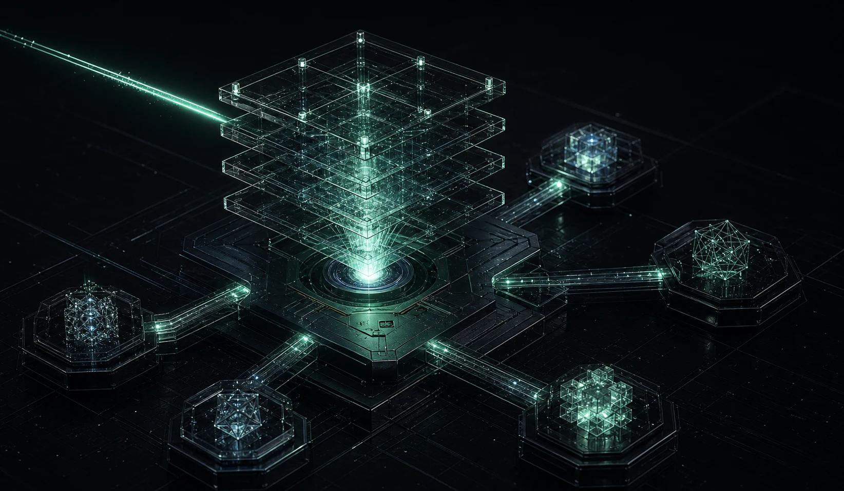 Conceptual visualization of a layered proof core connected to protocol boundaries